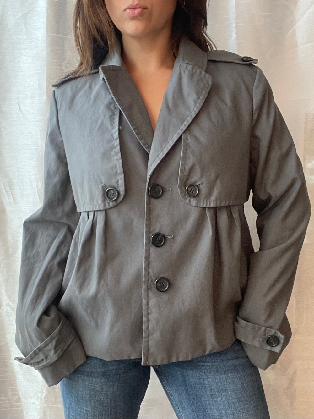 Ann Taylor LOFT Military Jacket Womens Large Gray Button Front Peacoat Preppy